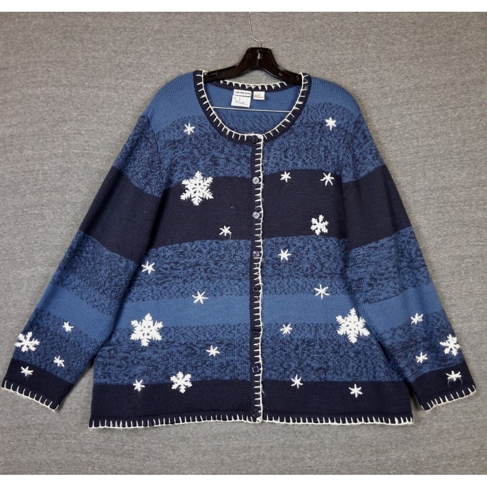CJ Banks Womens Sweater 2X Blue Hand Embroidered Snow Cardigan Grannycore Cabin